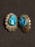 Concho Style LS Signed Native American Sterling Silver & Turquoise Earrings