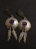 Signed JJ Native American Sterling Silver & Cabachon Amethyst Leaf Earrings