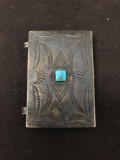 Carved Native American Small Pill Box Sterling Silver W/ Turquoise Gemstone - 1.5 X 1 Inch