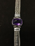 Heavy Sarda Designer Sterling Silver & Large Amethyst Triple Chain Band Bracelet - 7 Inch - 25 Grams