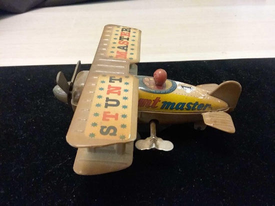 Rare Antique Stunt Master Tin Airplane Wind Up Toy