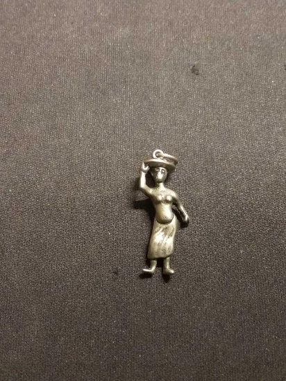 Tribal Woman Carrying Fruit On Head Sterling Silver Charm Pendant