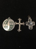Lot of Three Silver-Tone Alloy Pendants, Two Cross Motif & One Old Pawn Native American Style