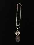 New! Gorgeous Rose Quartz Cabochon Handmade Floral Design 2in Sterling Silver Pendant w/ 18in Chain