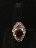 New! Rhodium Overlay Gorgeous Faceted Red Garnet Center w/ Garnet & CZ Halo Sterling Silver Ring