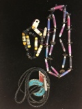 Lot of Three, Two Hand-Beaded Colorful 24in Necklace & 10in Bracelet w/ Old Pawn Native American