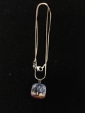 Square Glass Cabochon Picture Pendant w/ Sterling Silver Bail & 18in Snake Chain