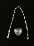 Lot of Two, One 2.5mm Wide 7in Lon Sterling Silver Bracelet w/ Broken Link & 0.75in Tall Puffy Heart