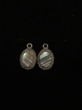 Matched Pair of Rope Detail Framed 0.5in Tall Oval Mother of Pearl Inlay Sterling Silver Pendants