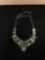 White Druzy Quartz Center w/ Agate & Resin Gemstone Accented Stamped 925 Nickel Silver Necklace