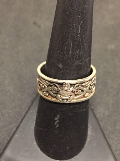 Tribal Motif Hand-Carved 9mm Wide Sterling Silver Ring Band-Size 8