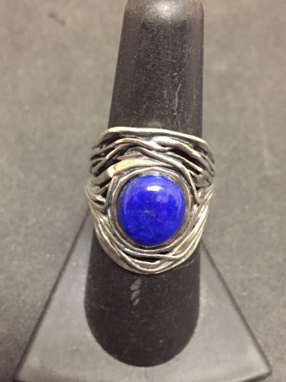 PZ Israeli Designed Hand-Crafted 20mm Wide Sterling Silver Ring Band w/ Lapis Lazuli Cabochon - Size