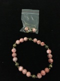 Lot of Two Matched Set of Earrings & Bracelet Round Rhodochrosite Gemstone Beaded