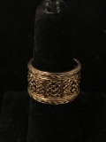 Handmade East Indian Designed 13mm Wide Gold-Tone Sterling Silver Cigar Ring Band- Size 7