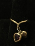 Double Heart Charm Accented One High Polished & One Amethyst Gemstone 18Kt Gold-Filled Ring Band -