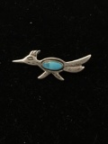 Signed Designer Oval Turquoise Accented 1in Long Roadrunner Motif Sterling Silver Pin