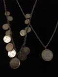 Lot of Two Gold-Tone Alloy Faux Coin Motif Fashion Necklaces, One 30in & One 24in Chandelier Style