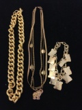 Lot of Three Gold-Tone Alloy Fashion Items, One Textured Link 16in Necklace, One Triple Strand 16in
