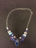 Dyed Blue Agate Center w/ Moonstone, Lapis & Resin Gemstone Accented Stamped 925 Nickel Silver