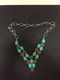 Amber & Turquoise Cabochon Accented Stamped 925 Nickel Silver Drop Necklace