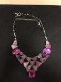 Pink Resin Gemstone Center w/ Dyed Purple Druzy Quartz Accents Stamped 925 Nickel Silver Necklace
