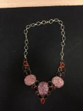 Large Dyed Pink Druzy & Faceted Glass Gemstone Accented Stamped 925 Nickel Silver Necklace