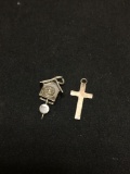Lot of Two Sterling Silver Charms, One Miniature Cuckoo Clock & Petite Cross