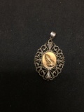 Milgrain Filigree Decorated 1.5in Tall Sterling Silver Lord's Prayer Pendant w/ 10Kt Gold Praying