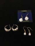 Lot of Three Pearl Pairs of Earrings, One w/ Real Pearls, One Pair w/ Carved Mother of Pearl &