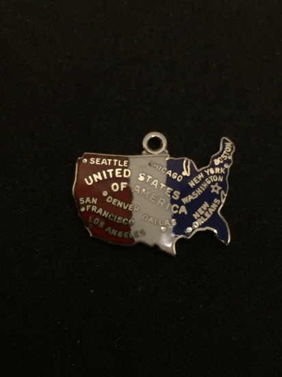 United States Outline & Cities Enameled Sterling Silver Charm Pendant