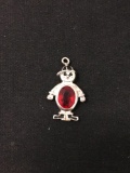 Boy in Baseball Cap with Red Gemstone Sterling Silver Charm Pendant