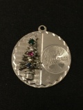 Merry Christmas Tree with Green Red and Blue Gemstones Sterling Silver Charm Pendant