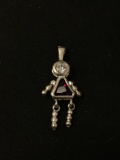 Dangly Woman with Red & Clear Gemstones Sterling Silver Charm Pendant