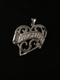 Etched Daughter Heart Sterling Silver Charm Pendant