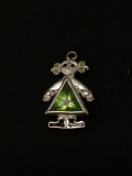 Girl with Green Gemstone Sterling Silver Charm Pendant