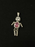 Dangly Man with Pink and Clear Gemstones Frame Decorated Sterling Silver Charm Pendant