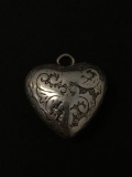 Puffy Etched Heart Sterling Silver Charm Pendant