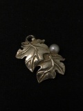 Designer Leaf & Pearl Sterling Silver Charm Pendant