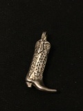 Tall Detailed Cowboy Boot Sterling Silver Charm Pendant