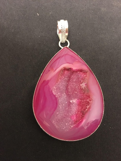 Dyed Fuchsia 55x40mm Teardrop Druzy 3in Long Stamped 925 Nickel Silver Pendant