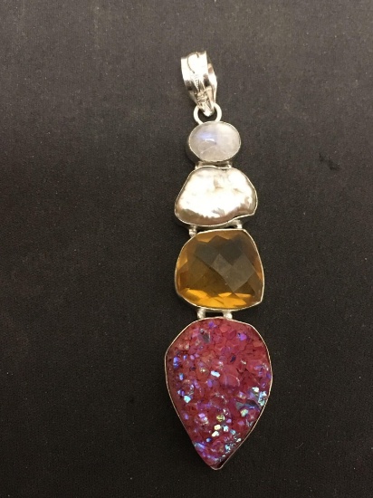 Dyed Pink Teardrop Druzy w/ Faceted Citrine, Mabe Pearl & Moonstone Accented 3in Long Stamped 925