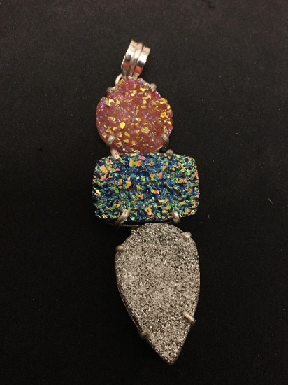 Multi-Colored Round, Rectangular & Teardrop Shaped Druzy 3.5in Long Stamped 925 Nickel Silver