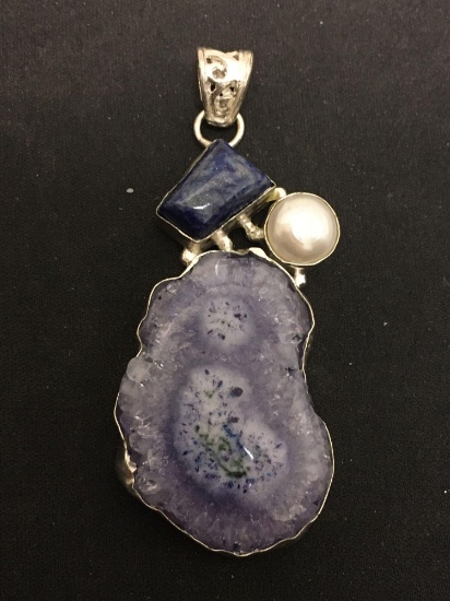 Rough Shaped Lavender Dyed Druzy Slice w/ Sodalite & Pearl Accents 2.5in Long Stamped 925 Nickel