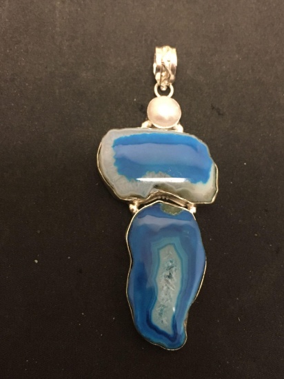 Rough Shaped Dyed Blue Agate Slices w/ Mabe Pearl Accent 3.5in Long Stamped 925 Nickel Silver