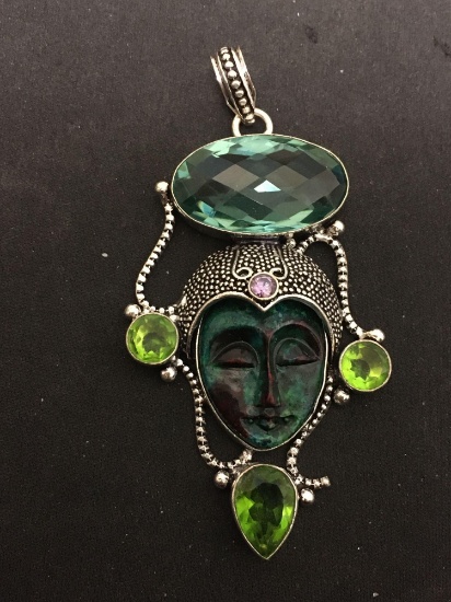 Goddess Carved Bloodstone Face w/ Blue Topaz & Green Gem Accents Indonesian Style 3in Long Stamped
