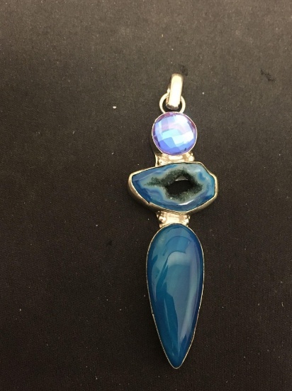 Dyed Blue Teardrop Agate Cabochon w/ Dyed Blue Druzy & Mystic Topaz 3in Long Stamped 925 Nickel