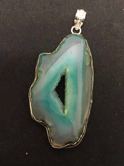 Rough Shaped Dyed Blue Polished Druzy 3in Long Stamped 925 Nickel Silver Pendant