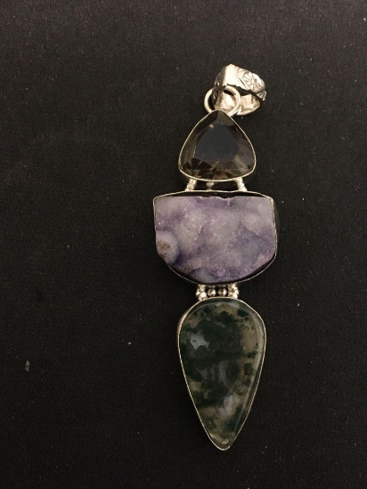 Teardrop Moss Agate Cabochon w/ Dyed Purple Druzy & Trillion Faceted Smokey Topaz 2.5in Long Stamped