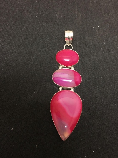 Teardrop & Oval Shaped Dyed Hot Pink Polished Agate Cabochons 3in Long Stamped 925 Nickel Silver