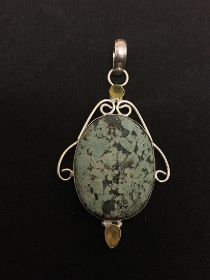 Oval Blue Jasper Unpolished Cabochon w/ Faceted Citrine Accents 2.5in Long Stamped 925 Nickel Silver